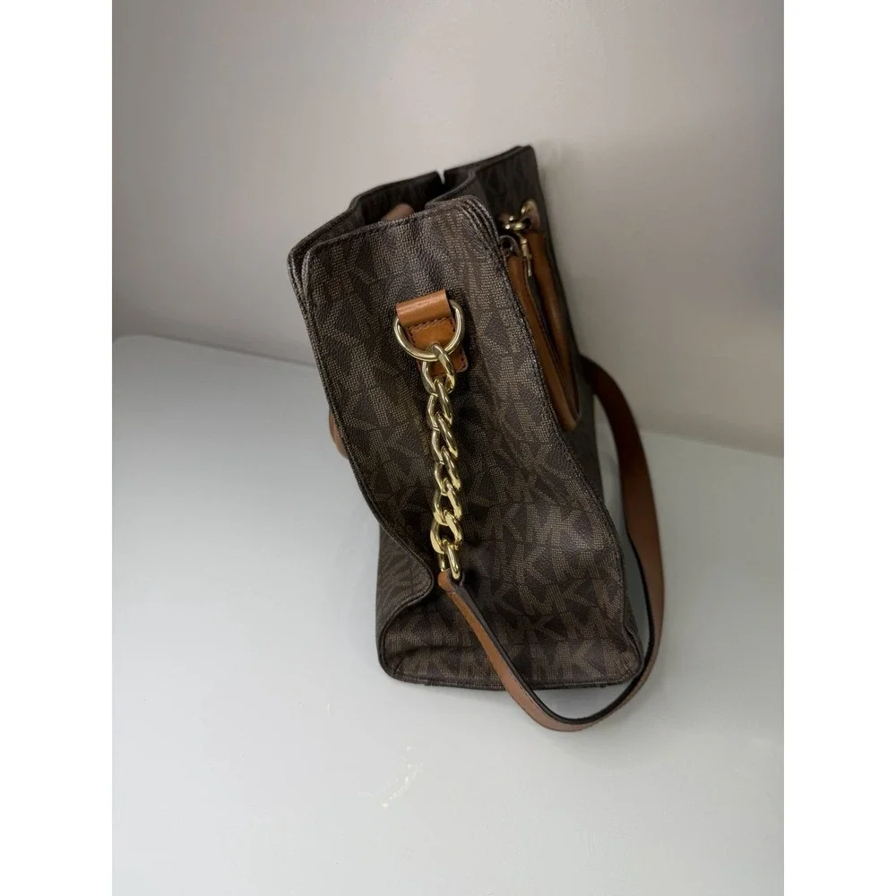 Michael Kors Hamilton East West Brown Leather Purse Handbag Tote MK Logo Print - Picture 2 of 8